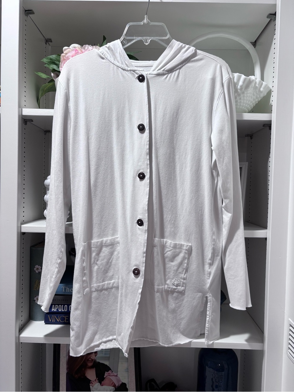 Coolibar white button front hooded cover up S